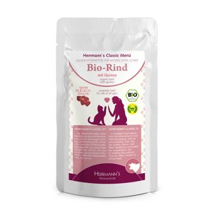 6 x 85 g Herrmanns menü nedves macskatáp - Bio marha & bio quinoa