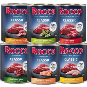 6x800g Rocco nedves kutyatáp vegyes próbacsomagban- Classic 6 változat: marha, csirke, lazac, szárnyasszív, vad, pacal