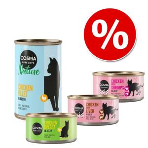 Vegyes csomag: Cosma Original + Thai / Asia + Nature nedves macskatáp- Csirke-csomag (24 konzerv, összesen 3,9 kg)