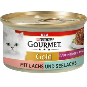 12x85g Gourmet Gold rafinált ragu nedves macskatáp- Lazac & tőkehal